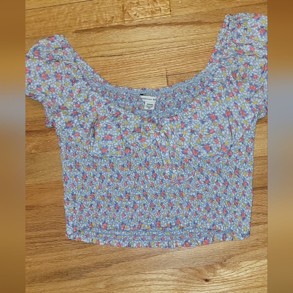 American Eagle Smocked Floral Lettuce Hem Crop Top